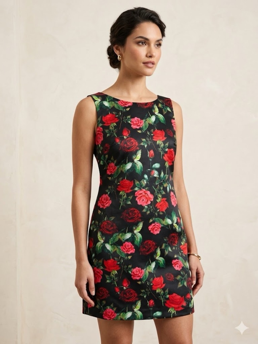 RINASCIMENTO sleeveless rose print V back dress with big bow large